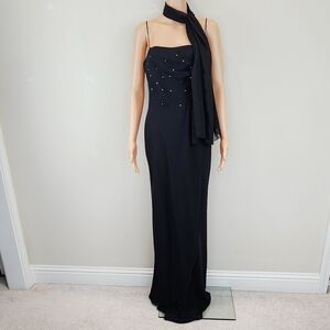 Thea Dora black spaghetti straps formal dress with scarf